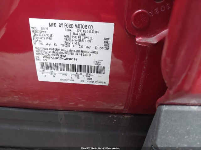 2022 Ford Explorer St მანქანა იყიდება აუქციონზე, vin: 1FM5K8GC0NGB96174, აუქციონის ნომერი: 46372146
