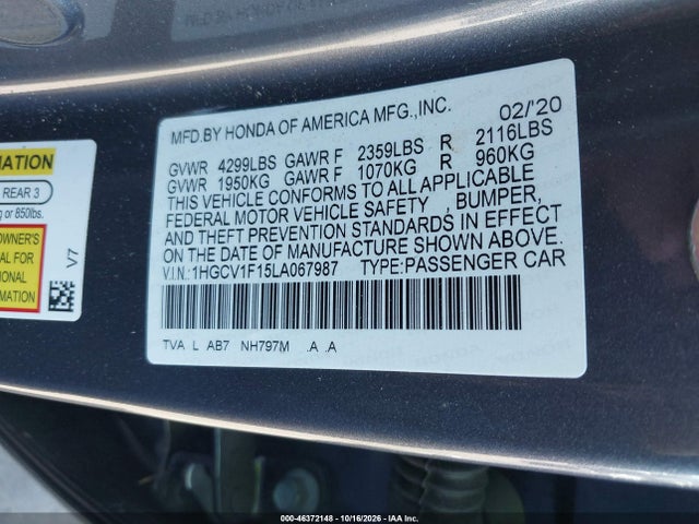 Honda ACCORD LX 2020 1HGCV1F15LA067987 Image 9