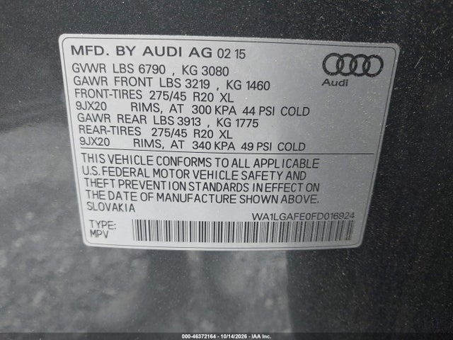 2015 Audi Q7 3.0t Premium მანქანა იყიდება აუქციონზე, vin: WA1LGAFE0FD016924, აუქციონის ნომერი: 46372164