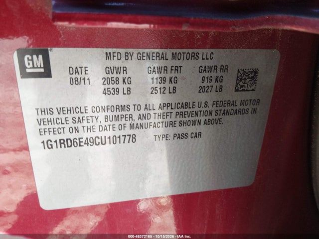 46372165 :رقم المزاد ، 1G1RD6E49CU101778 vin ، 2012 Chevrolet Volt مزاد بيع