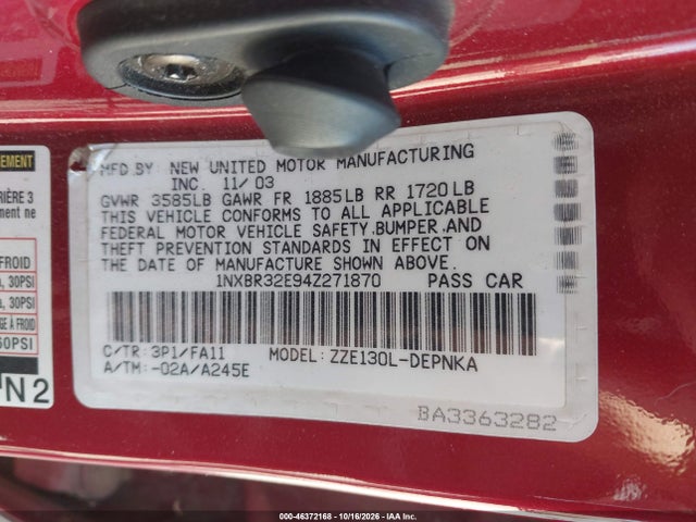 46372168 :رقم المزاد ، 1NXBR32E94Z271870 vin ، 2004 Toyota Corolla Le مزاد بيع