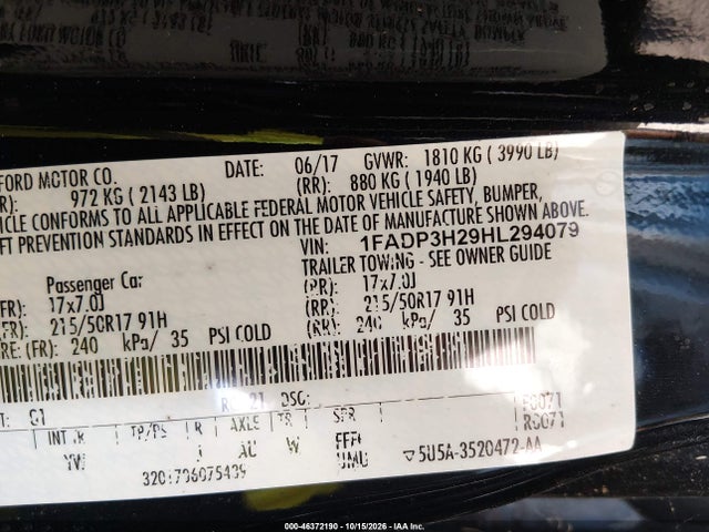46372190 :رقم المزاد ، 1FADP3H29HL294079 vin ، 2017 Ford Focus Sel مزاد بيع