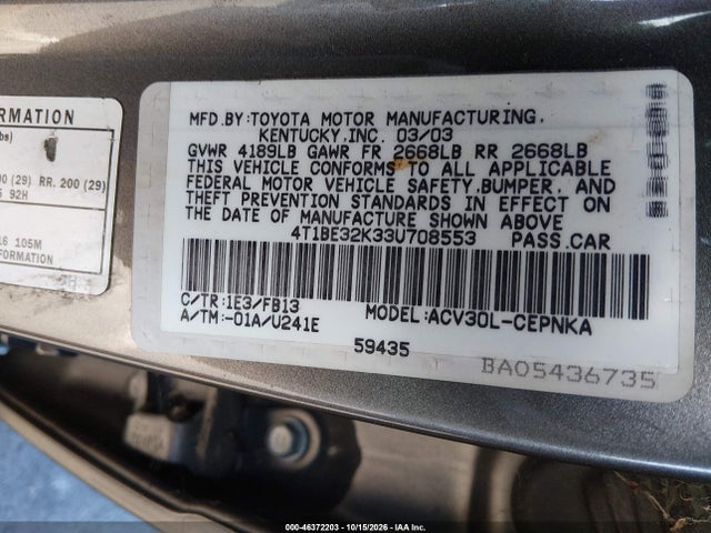 Продаж на аукціоні авто 2003 Toyota Camry Le, vin: 4T1BE32K33U708553, номер лоту: 46372203