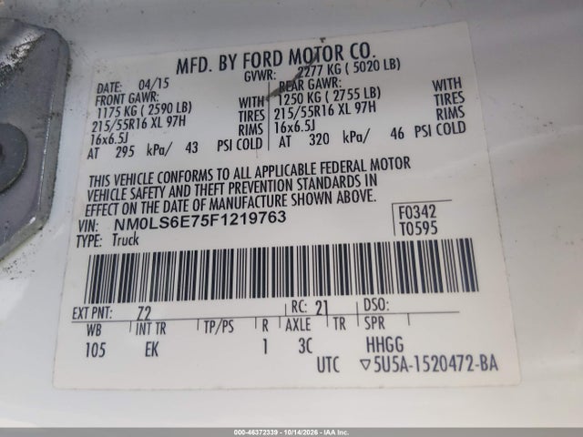 46372339 :رقم المزاد ، NM0LS6E75F1219763 vin ، 2015 Ford Transit Connect Xl مزاد بيع