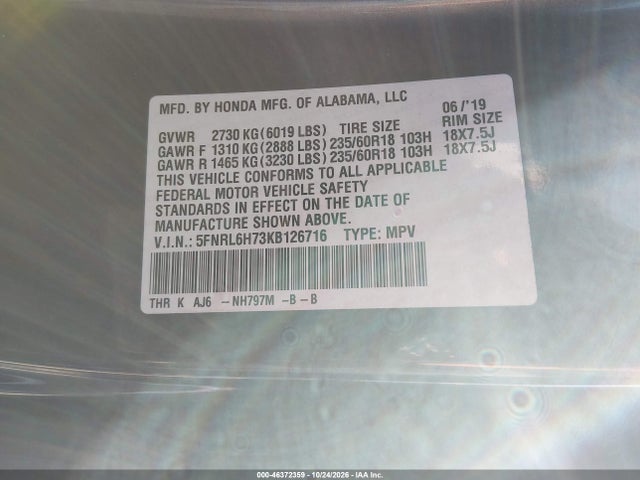 Honda Odyssey Ex-l 2019 5FNRL6H73KB126716 Image 9