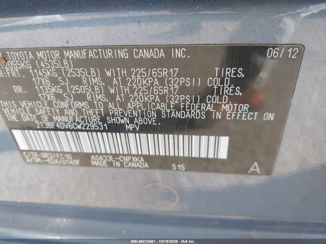 46372461 :رقم المزاد ، 2T3BF4DV6CW229531 vin ، 2012 Toyota Rav4 مزاد بيع