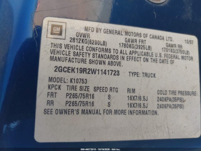 Aukcja sprzedaży 1998 Chevrolet K1500 Fleetside, vin: 2GCEK19R2W1141723, numer aukcji: 46372515