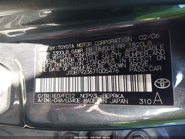 46372521 :رقم المزاد ، JTDBT923671005476 vin ، 2007 Toyota Yaris مزاد بيع