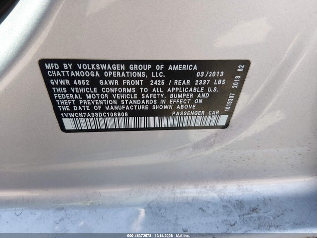 Продажа на аукционе авто 2013 Volkswagen Passat 2.0l Tdi Sel Premium, vin: 1VWCN7A33DC108808, номер лота: 46372573
