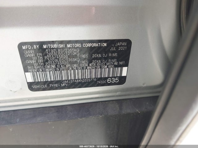 Aukcja sprzedaży 2022 Mitsubishi Outlander Es 2.5 2wd, vin: JA4J3TA8XNZ025776, numer aukcji: 46372629