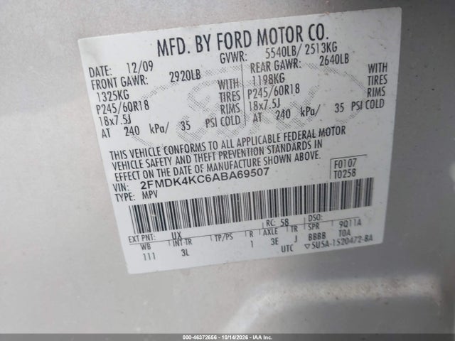 46372656 :رقم المزاد ، 2FMDK4KC6ABA69507 vin ، 2010 Ford Edge Limited مزاد بيع