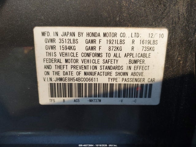 Aukcja sprzedaży 2011 Honda Fit Sport, vin: JHMGE8H54BC006611, numer aukcji: 46372664