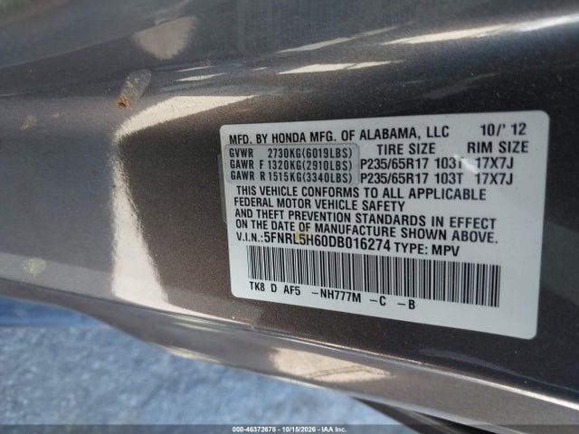 Aukcja sprzedaży 2013 Honda Odyssey Ex-l, vin: 5FNRL5H60DB016274, numer aukcji: 46372678