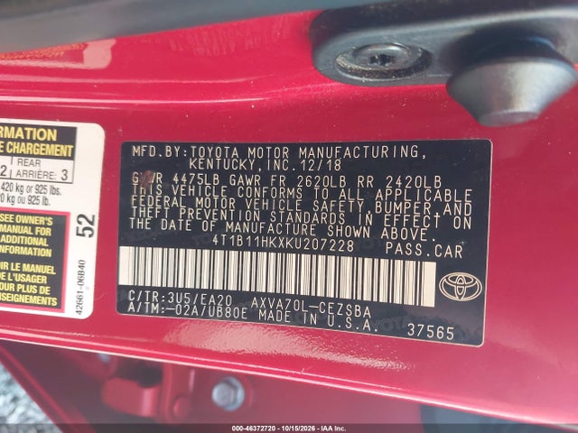 46372720 :رقم المزاد ، 4T1B11HKXKU207228 vin ، 2019 Toyota Camry Se مزاد بيع