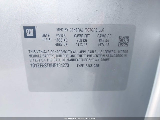 46372725 :رقم المزاد ، 1G1ZE5ST0HF184273 vin ، 2017 Chevrolet Malibu 1lt مزاد بيع