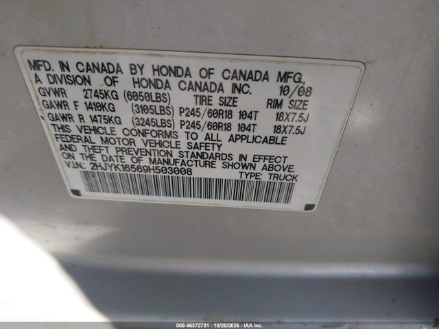 Aukcja sprzedaży 2009 Honda Ridgeline Rtl, vin: 2HJYK16569H503008, numer aukcji: 46372731