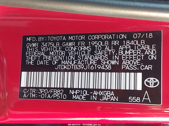 Aukcja sprzedaży 2018 Toyota Prius C Three, vin: JTDKDTB39J1619438, numer aukcji: 46372737