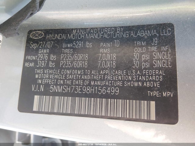 Продаж на аукціоні авто 2008 Hyundai Santa Fe Limited/se, vin: 5NMSH73E98H156499, номер лоту: 46372739