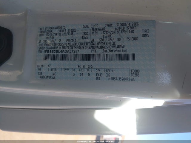 Aukcja sprzedaży 2010 Ford E-350 Super Duty Xl/xlt, vin: 1FBSS3BL4ADA67257, numer aukcji: 46372753