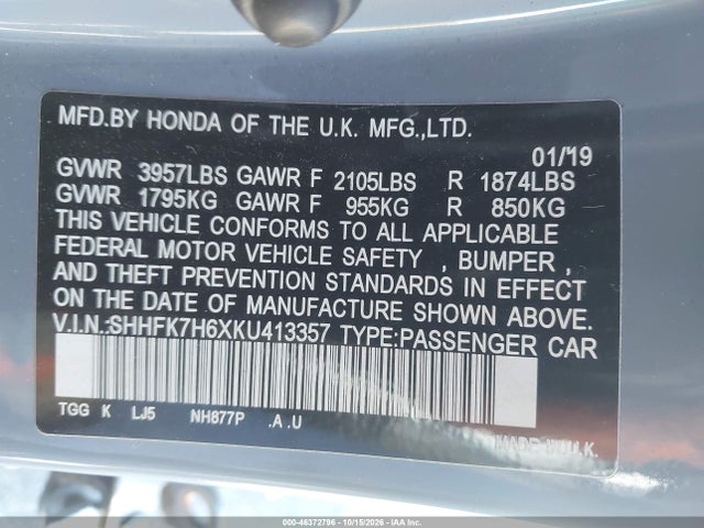 Aukcja sprzedaży 2019 Honda Civic Ex, vin: SHHFK7H6XKU413357, numer aukcji: 46372796