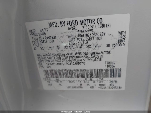 Aukcja sprzedaży 2012 Ford Escape Limited, vin: 1FMCU9EG7CKC65076, numer aukcji: 46372804