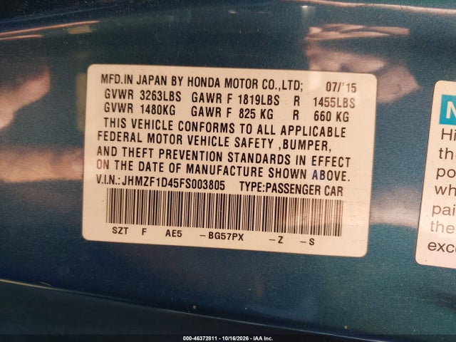 Продаж на аукціоні авто 2015 Honda Cr-z, vin: JHMZF1D45FS003805, номер лоту: 46372811