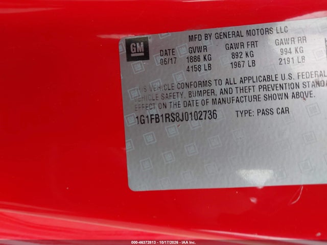2018 Chevrolet Camaro 1lt მანქანა იყიდება აუქციონზე, vin: 1G1FB1RS8J0102736, აუქციონის ნომერი: 46372813