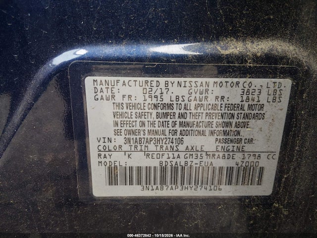 Aukcja sprzedaży 2017 Nissan Sentra S, vin: 3N1AB7AP3HY274106, numer aukcji: 46372842