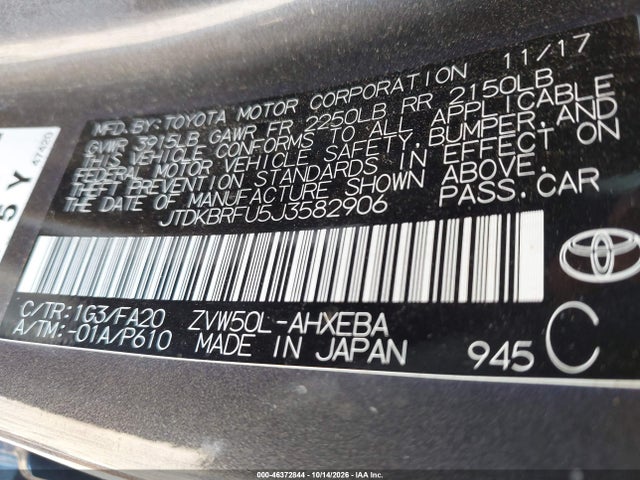 Продаж на аукціоні авто 2018 Toyota Prius Two, vin: JTDKBRFU5J3582906, номер лоту: 46372844