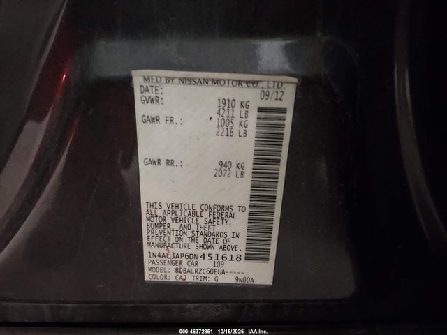 Aukcja sprzedaży 2013 Nissan Altima 2.5 S, vin: 1N4AL3AP6DN451618, numer aukcji: 46372851