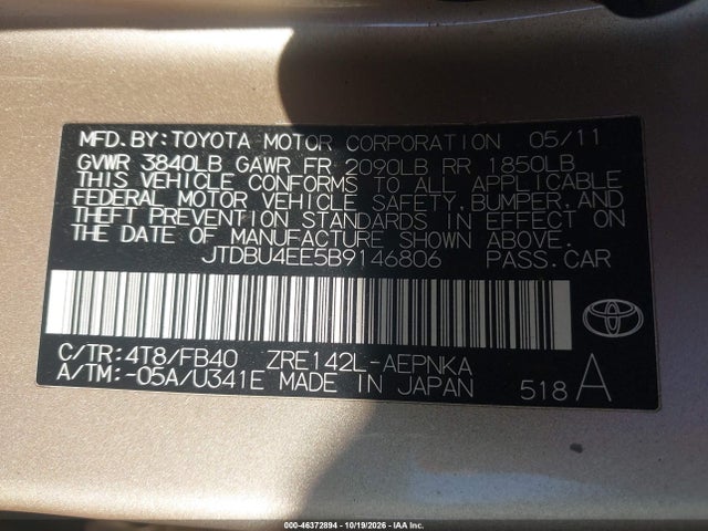 2011 Toyota Corolla Le მანქანა იყიდება აუქციონზე, vin: JTDBU4EE5B9146806, აუქციონის ნომერი: 46372894
