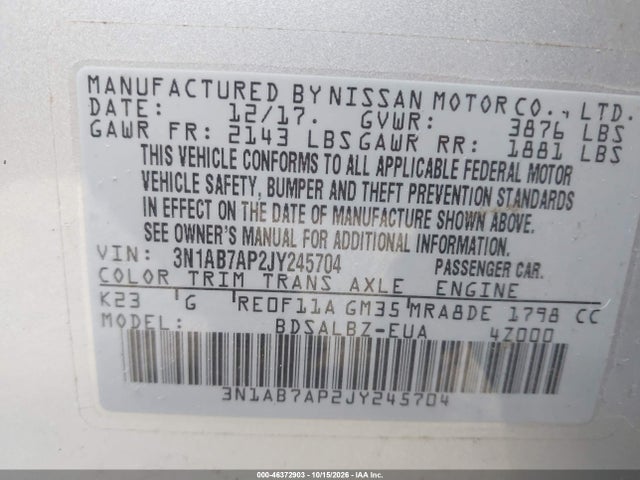 2018 Nissan Sentra S მანქანა იყიდება აუქციონზე, vin: 3N1AB7AP2JY245704, აუქციონის ნომერი: 46372903