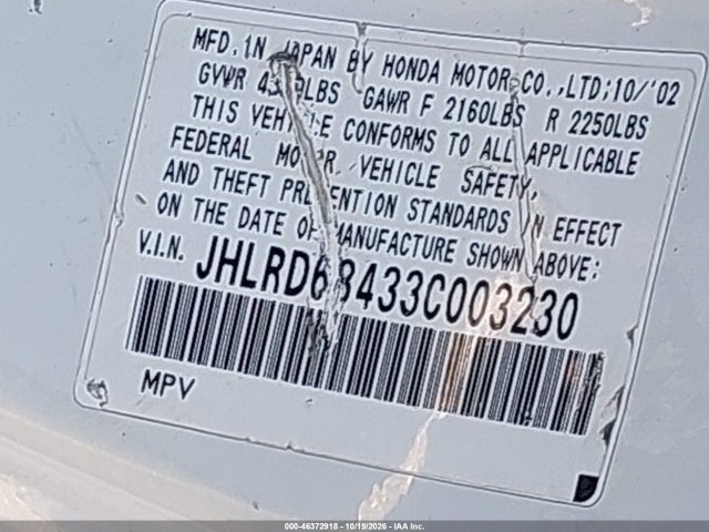 Aukcja sprzedaży 2003 Honda Cr-v Lx, vin: JHLRD68433C003230, numer aukcji: 46372918
