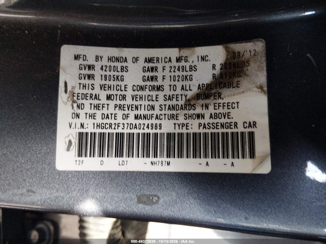 46372939 :رقم المزاد ، 1HGCR2F37DA024989 vin ، 2013 Honda Accord Lx مزاد بيع