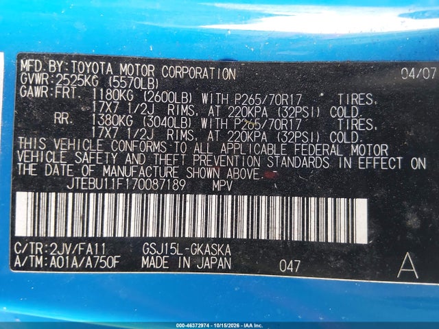 Продажа на аукционе авто 2007 Toyota Fj Cruiser, vin: JTEBU11F170087189, номер лота: 46372974