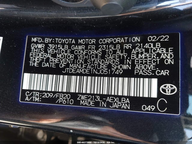JTDEAMDE1NJ051749 Toyota Corolla Hybrid Le
