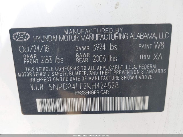 Aukcja sprzedaży 2019 Hyundai Elantra Sel, vin: 5NPD84LF2KH424528, numer aukcji: 46373003