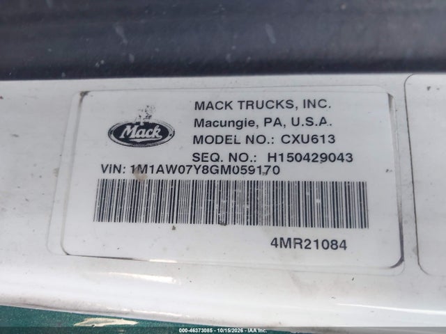 Продаж на аукціоні авто 2016 Mack 600 Cxu600, vin: 1M1AW07Y8GM059170, номер лоту: 46373085