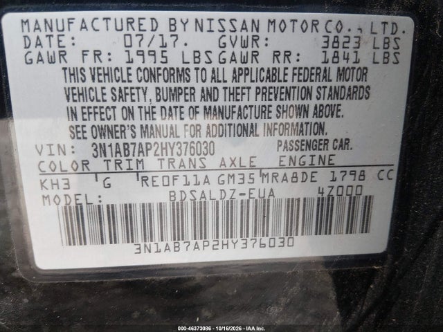 Продаж на аукціоні авто 2017 Nissan Sentra Sv, vin: 3N1AB7AP2HY376030, номер лоту: 46373086