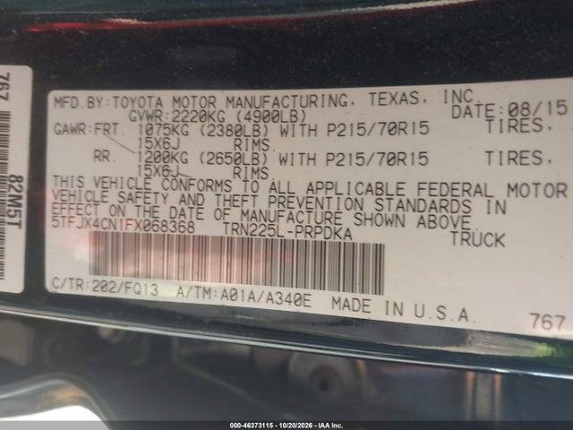 46373115 :رقم المزاد ، 5TFJX4CN1FX068368 vin ، 2015 Toyota Tacoma مزاد بيع
