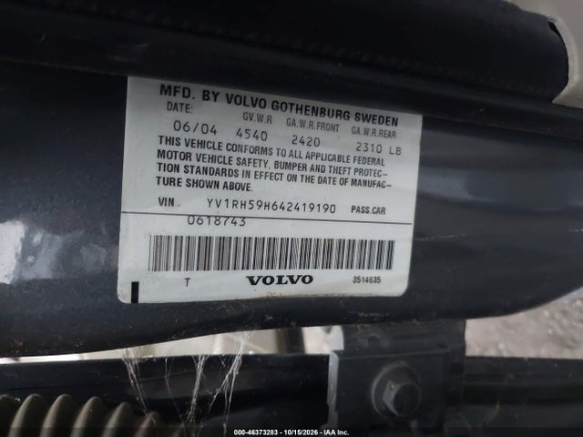 46373283 :رقم المزاد ، YV1RH59H642419190 vin ، 2004 Volvo S60 2.5t Awd مزاد بيع