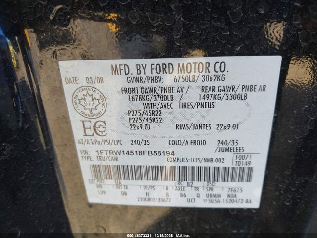 Продаж на аукціоні авто 2008 Ford F-150 Harley-davidson/limited, vin: 1FTRW14518FB58194, номер лоту: 46373331