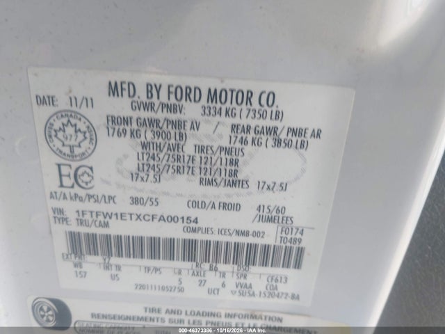 2012 Ford F-150 Xlt მანქანა იყიდება აუქციონზე, vin: 1FTFW1ETXCFA00154, აუქციონის ნომერი: 46373386