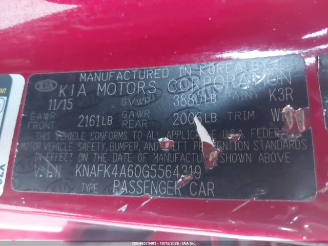 2016 Kia Forte Lx მანქანა იყიდება აუქციონზე, vin: KNAFK4A60G5564319, აუქციონის ნომერი: 46373403