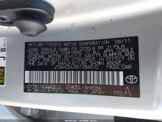 Aukcja sprzedaży 2011 Toyota Prius Two, vin: JTDKN3DUXB1384410, numer aukcji: 46373431
