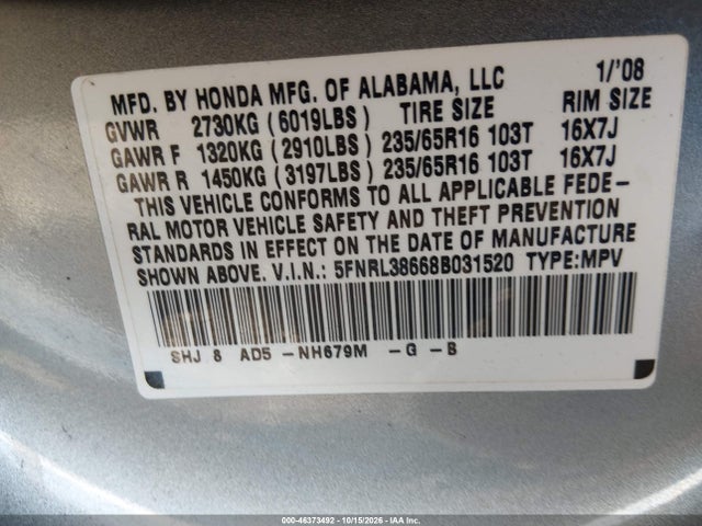 Продажа на аукционе авто 2008 Honda Odyssey Ex-l, vin: 5FNRL38668B031520, номер лота: 46373492