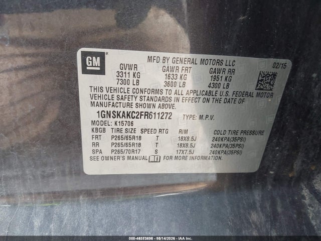 Продаж на аукціоні авто 2015 Chevrolet Tahoe Ls, vin: 1GNSKAKC2FR611272, номер лоту: 46373498