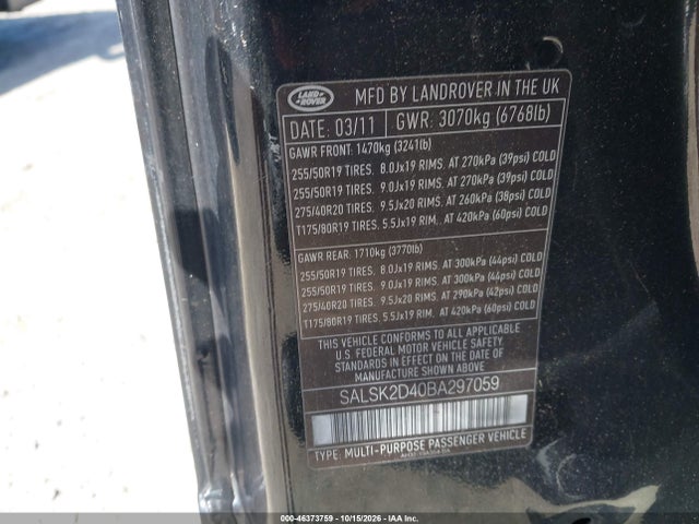 46373759 :رقم المزاد ، SALSK2D40BA297059 vin ، 2011 Land Rover Range Rover Sport Hse مزاد بيع