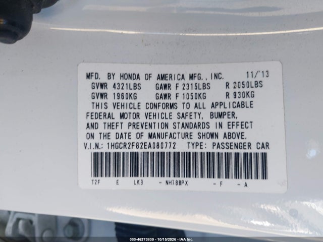 Aukcja sprzedaży 2014 Honda Accord Ex-l, vin: 1HGCR2F82EA080772, numer aukcji: 46373809