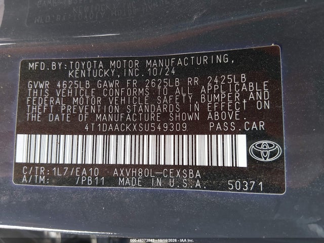 Продаж на аукціоні авто 2025 Toyota Camry Se, vin: 4T1DAACKXSU549309, номер лоту: 46373842
